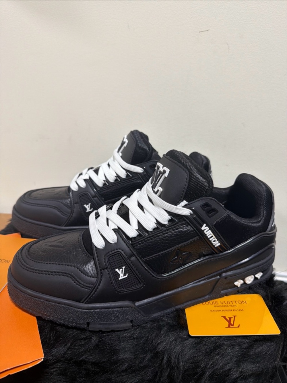 Louis Vuitton Black Leather Low-Top Sneakers with White Laces